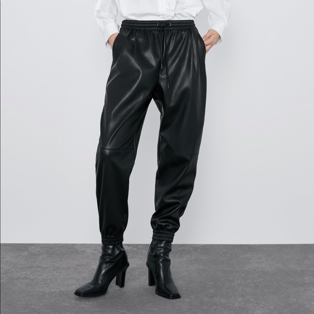 Zara black faux leather joggers XS NWT